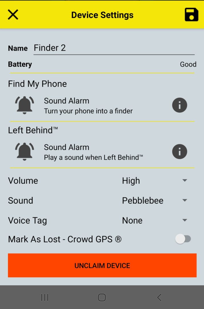 screenshot of the pebblebee app for the BlackCard, part of the PebbleBee Finder 2.0 and BlackCard Review