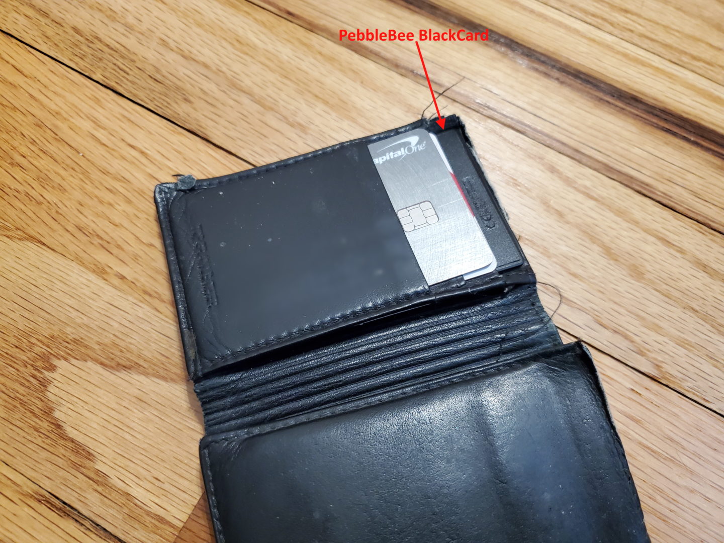 photo of the BlackCard in my wallet, part of the PebbleBee Finder 2.0 and BlackCard Review