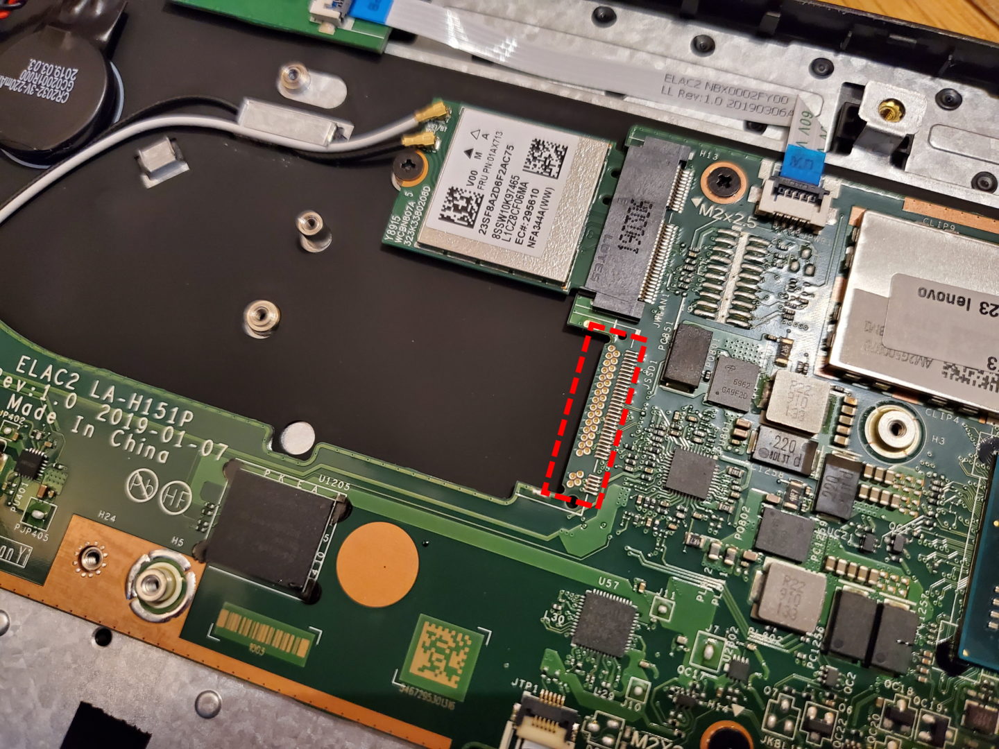 close up photo of the missing m.2 header in a Lenovo 14w 81MQ Laptop