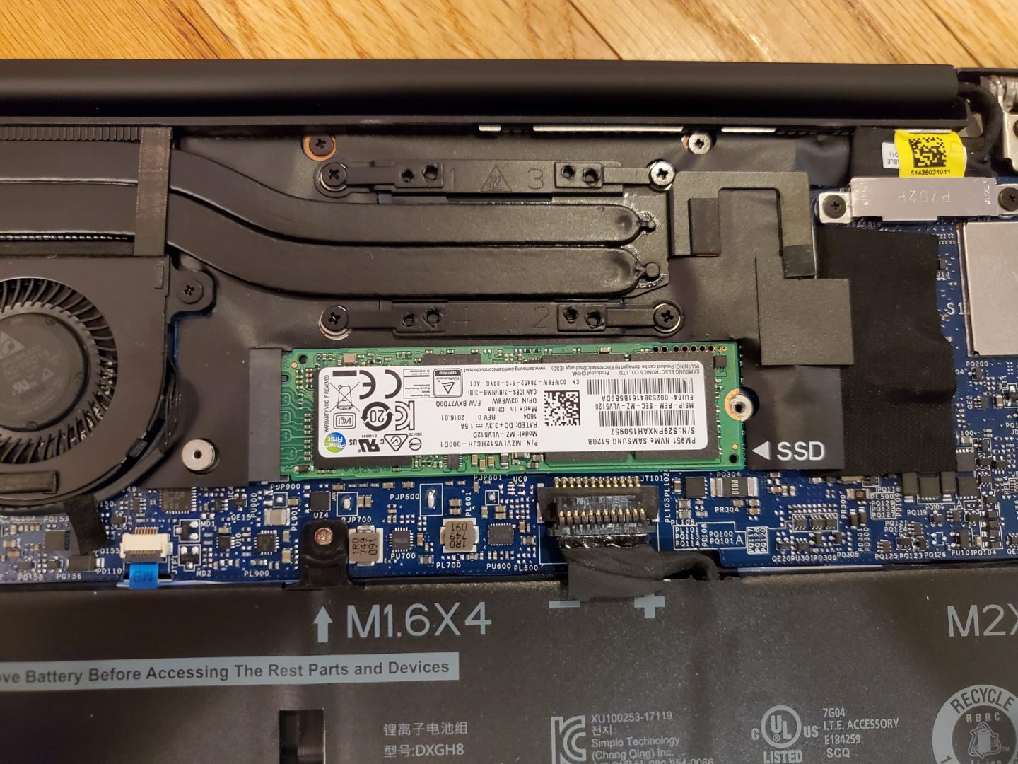 close up of the SSD in a Dell XPS 13 9370 laptop
