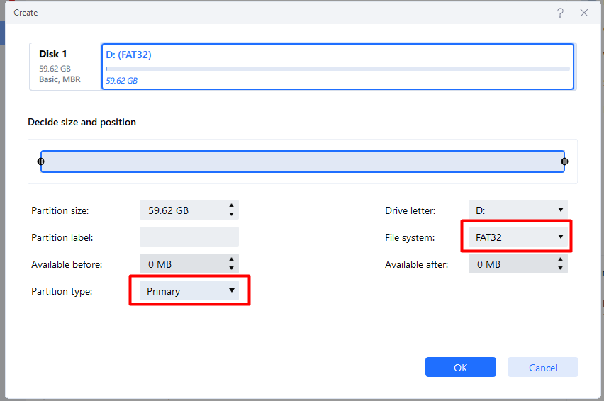 screenshot showing setting the fat32 filesystem and primary partition type
