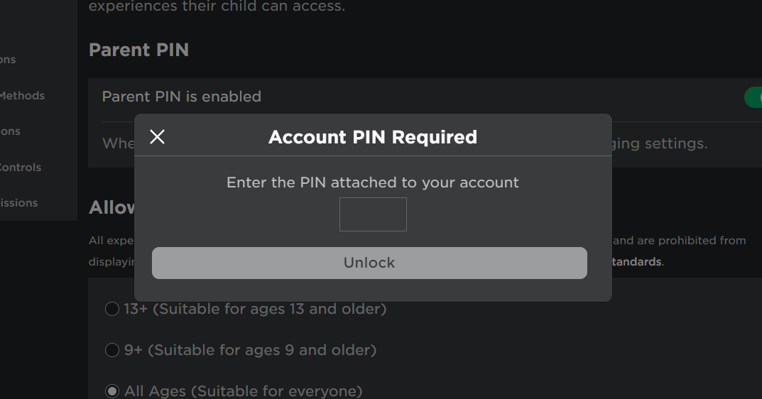 screenshot of account pin required,  a step to fix the roblox Not Authorized to Join This Experience error