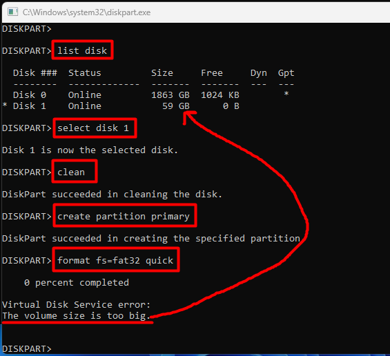 screenshot showing diskpart information, part of solving the SD Card Format Not Supported on Bambu Lab P1P