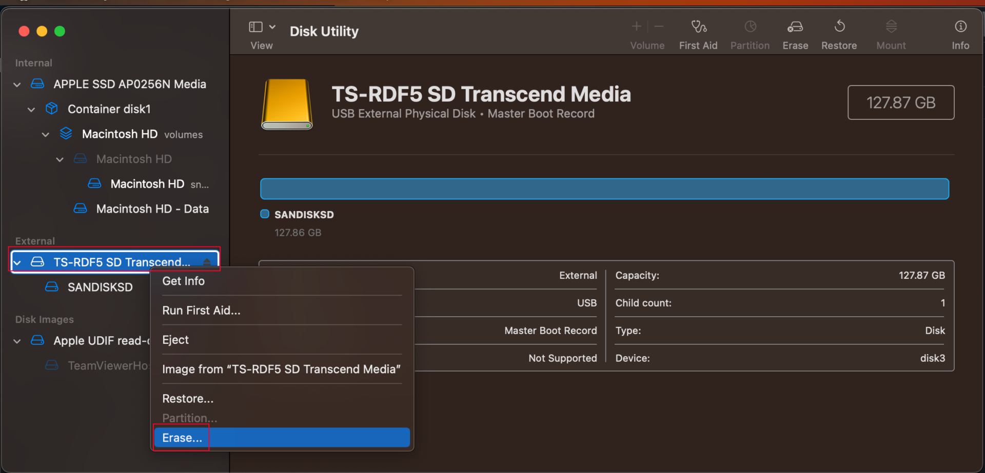 screenshot showing the 'Erase..." option for disk utility