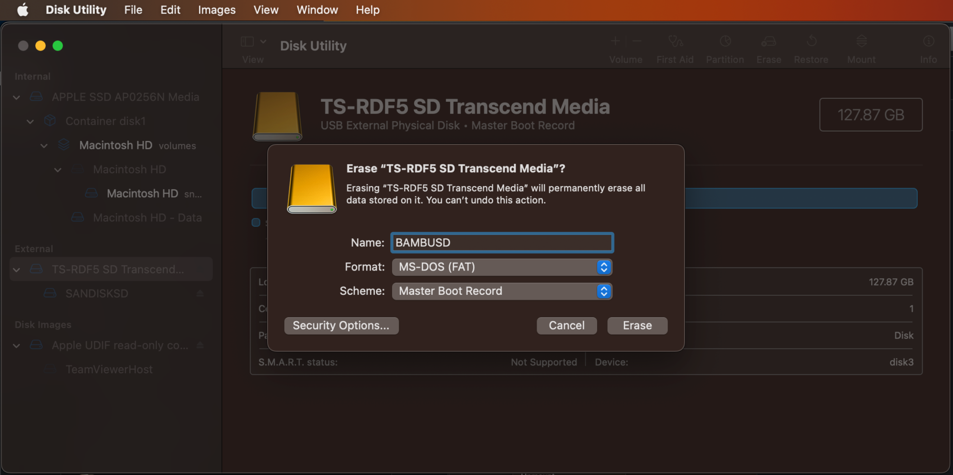 screenshot of formatting an sd card in disk utility on a mac, part of the steps to resolve the SD Card Format Not Supported on Bambu Lab P1P