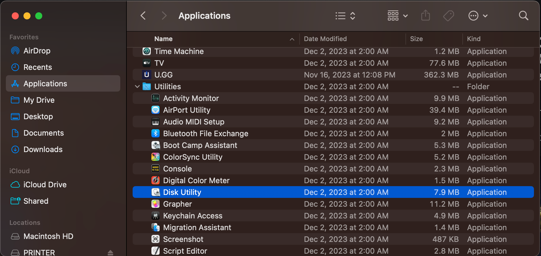 screenshot showing Disk Utility in the list of applications